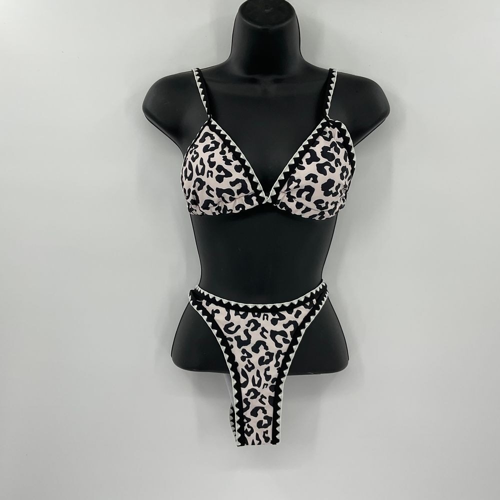 Bikinx Leopard Print Bikini Set Black White‎ Zigzag Trim Triangle Top Small NEW